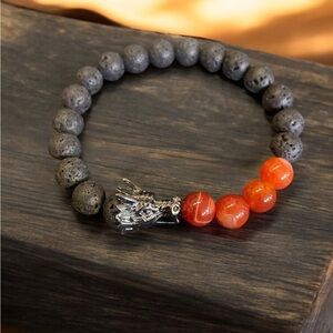 Dragon Head Lava Stone Bracelet - Black and Orange